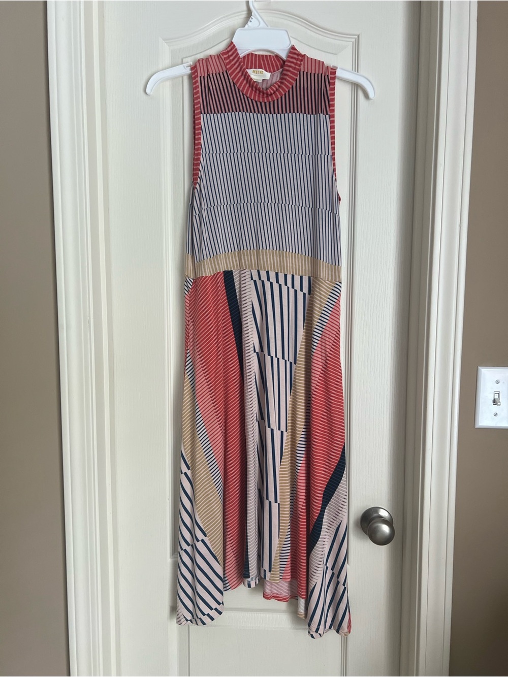 Anthropologie Coral, Navy & Beige Striped Sleeveless Midi Dress